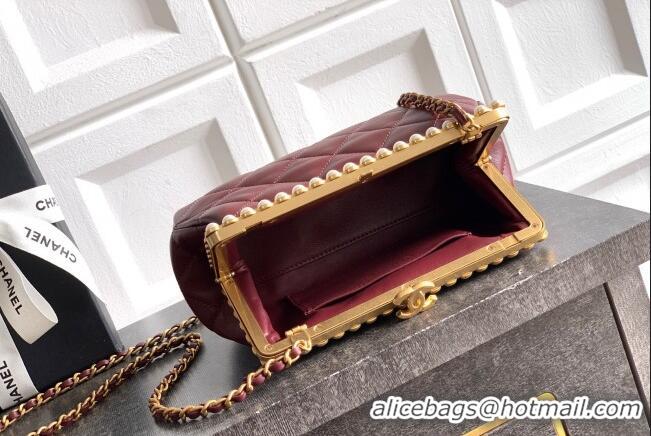Famous Brand Chanel Lambskin Leather & Pearls Clutch with Chain AS5912 Burgundy 2026