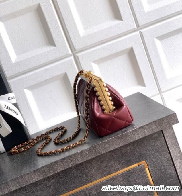 Famous Brand Chanel Lambskin Leather & Pearls Clutch with Chain AS5912 Burgundy 2026