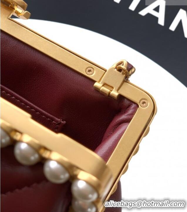 Famous Brand Chanel Lambskin Leather & Pearls Clutch with Chain AS5912 Burgundy 2026