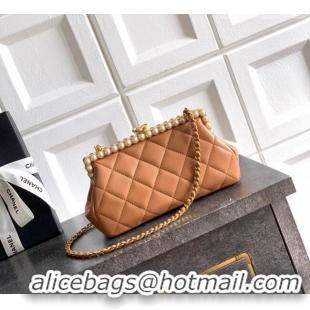 New Design Chanel Lambskin Leather & Pearls Clutch with Chain AS5912 Caramel Brown 2026