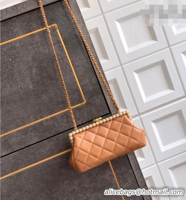 New Design Chanel Lambskin Leather & Pearls Clutch with Chain AS5912 Caramel Brown 2026