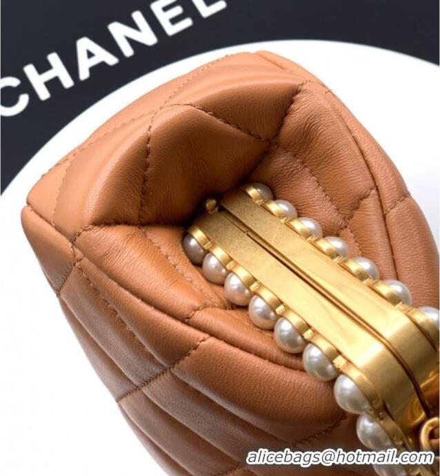 New Design Chanel Lambskin Leather & Pearls Clutch with Chain AS5912 Caramel Brown 2026