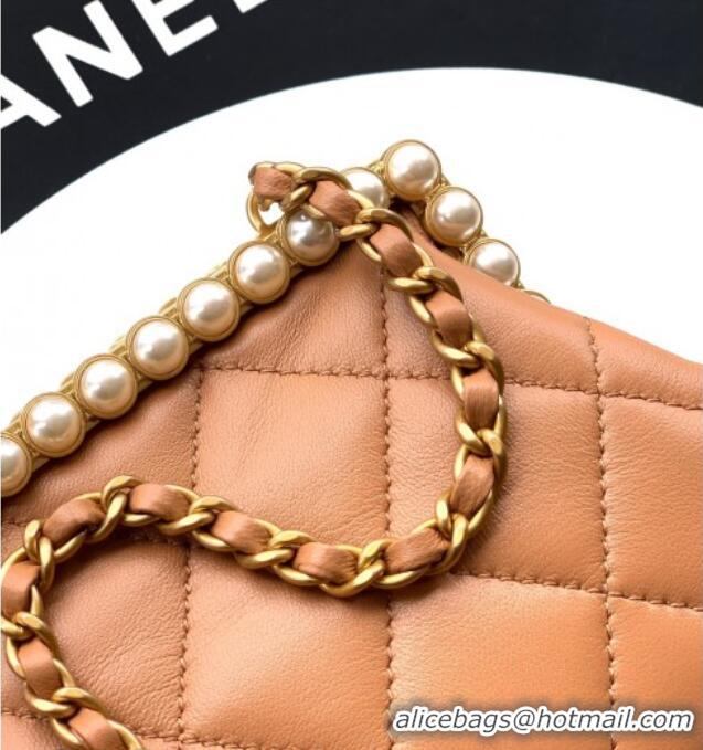 New Design Chanel Lambskin Leather & Pearls Clutch with Chain AS5912 Caramel Brown 2026