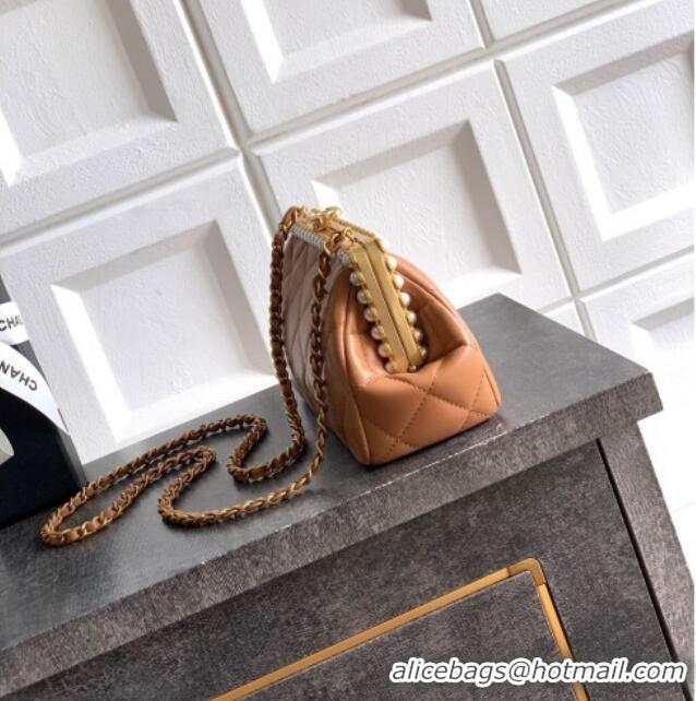 New Design Chanel Lambskin Leather & Pearls Clutch with Chain AS5912 Caramel Brown 2026