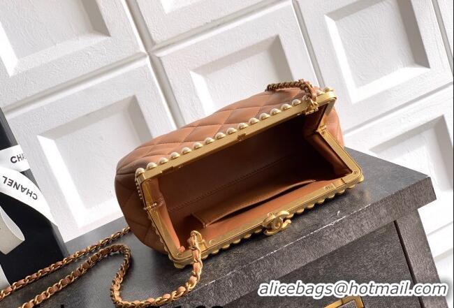 New Design Chanel Lambskin Leather & Pearls Clutch with Chain AS5912 Caramel Brown 2026