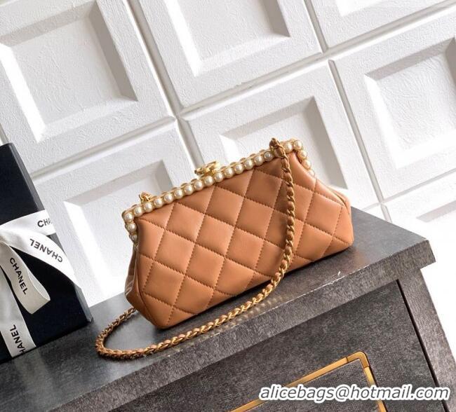 New Design Chanel Lambskin Leather & Pearls Clutch with Chain AS5912 Caramel Brown 2026