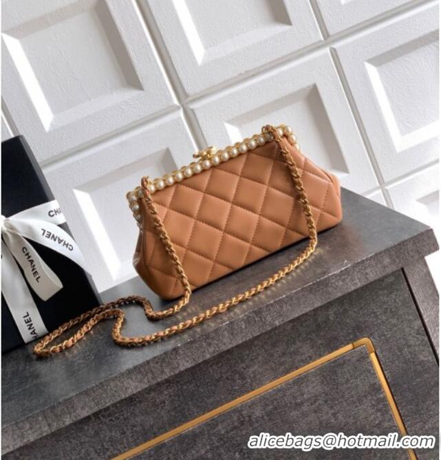 New Design Chanel Lambskin Leather & Pearls Clutch with Chain AS5912 Caramel Brown 2026