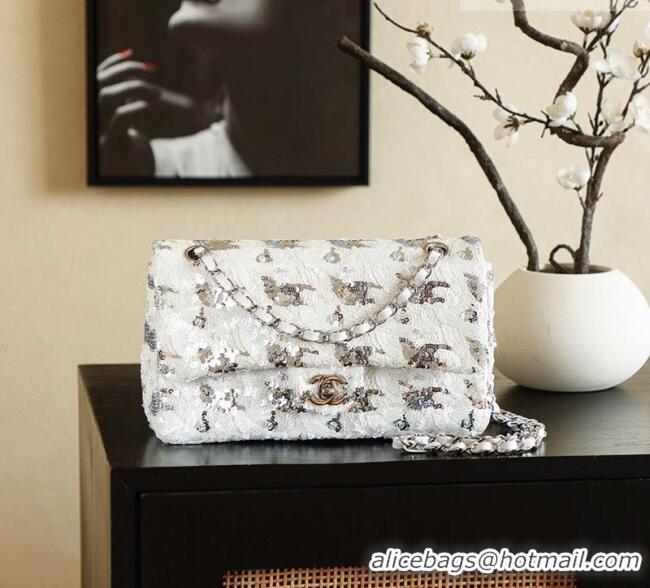 Top Grade Chanel Sequins Classic 11.12 Flap Handbag A01112 White/Silver 2026