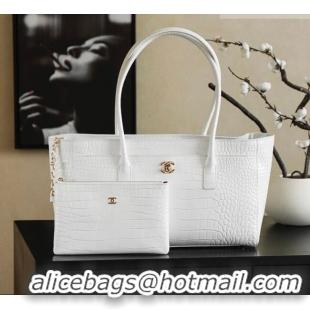 Free Shipping Chanel Medium Shopping Tote Bag in Crocodile Embossed Calfskin Leather AS2157 White 2026