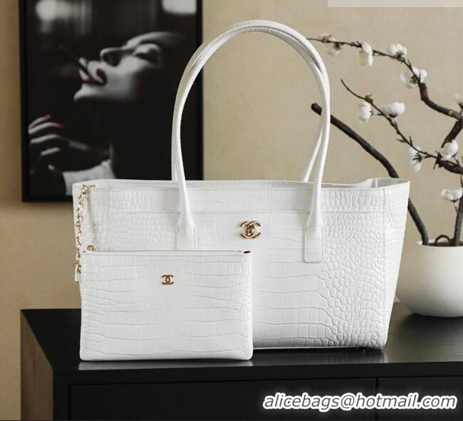 Free Shipping Chanel Medium Shopping Tote Bag in Crocodile Embossed Calfskin Leather AS2157 White 2026