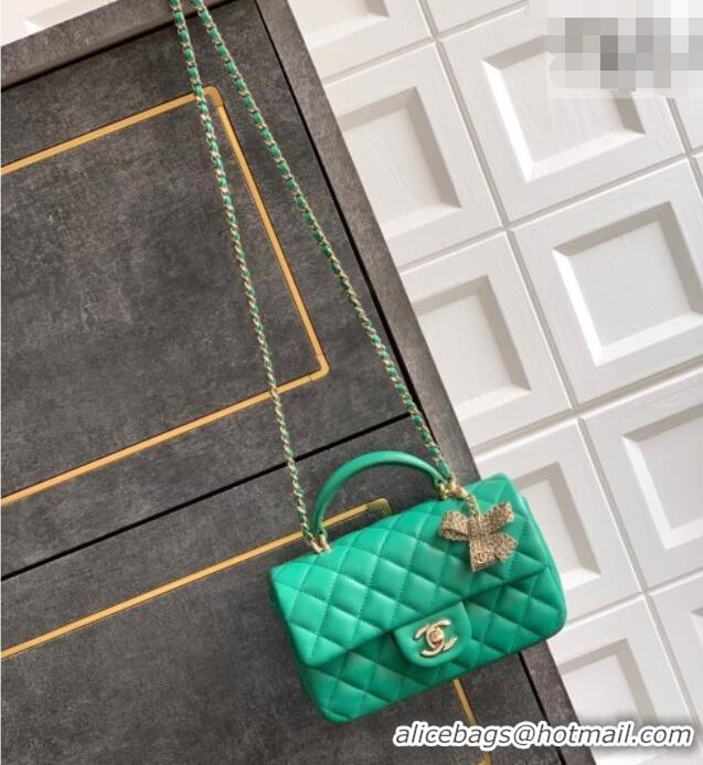Pretty Style Chanel Lambskin Leather Mini Classic Flap Handbag With Top Handle and Bow Charm AS2431 Green 2026