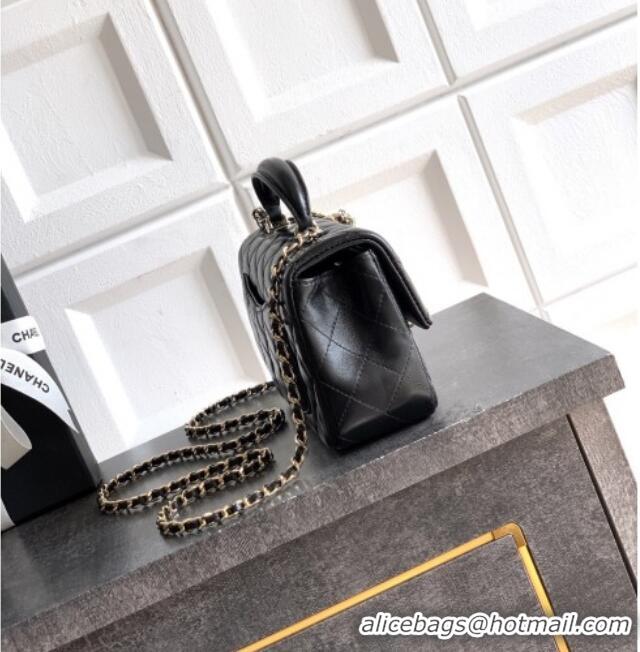Best Grade Chanel Lambskin Leather Mini Classic Flap Handbag With Top Handle and Bow Charm AS2431 Black/Gold 2026