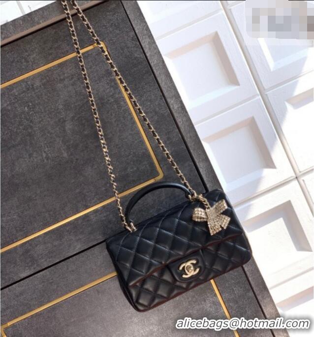 Best Grade Chanel Lambskin Leather Mini Classic Flap Handbag With Top Handle and Bow Charm AS2431 Black/Gold 2026