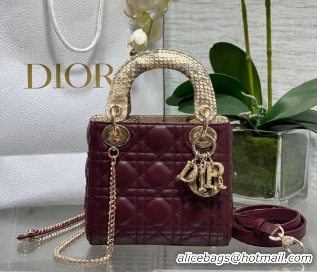 Stylish Dior Mini Lady Dior Bag in Lambskin and Snakeskin Leather DR012605 Burgundy 2026