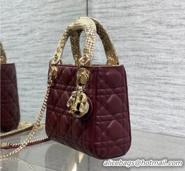 Stylish Dior Mini Lady Dior Bag in Lambskin and Snakeskin Leather DR012605 Burgundy 2026