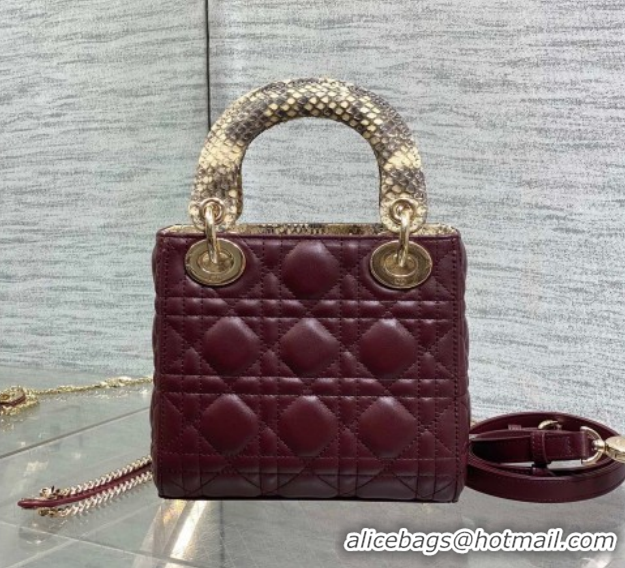 Stylish Dior Mini Lady Dior Bag in Lambskin and Snakeskin Leather DR012605 Burgundy 2026