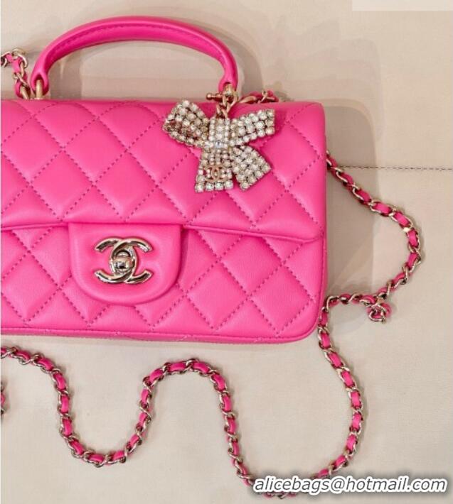 Inexpensive Chanel Lambskin Leather Mini Classic Flap Handbag With Top Handle and Bow Charm AS2431 Fuchsia 2026