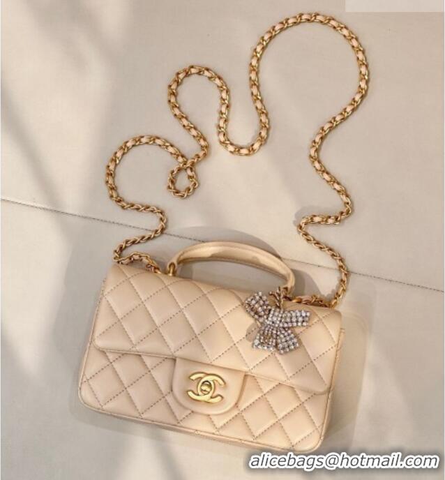 Cheap Chanel Lambskin Leather Mini Classic Flap Handbag With Top Handle and Bow Charm AS2431 Apricot 2026