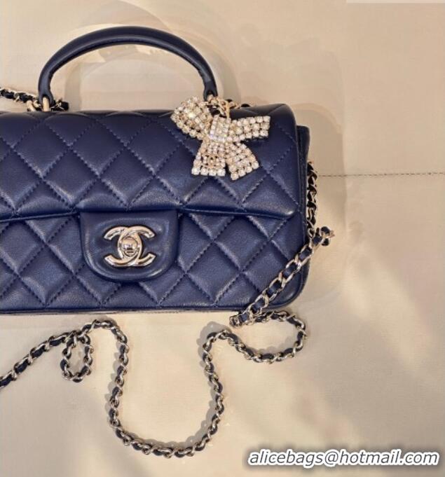 Buy Grade Chanel Lambskin Leather Mini Classic Flap Handbag With Top Handle and Bow Charm AS2431 Navy Blue 2026