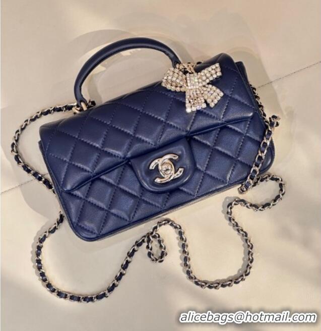 Buy Grade Chanel Lambskin Leather Mini Classic Flap Handbag With Top Handle and Bow Charm AS2431 Navy Blue 2026