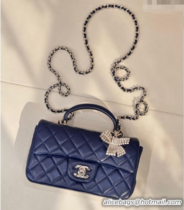 Buy Grade Chanel Lambskin Leather Mini Classic Flap Handbag With Top Handle and Bow Charm AS2431 Navy Blue 2026