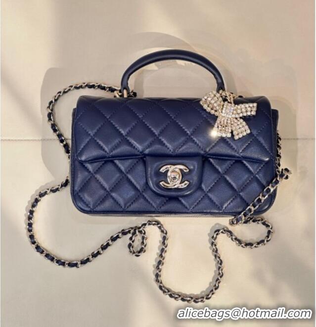 Buy Grade Chanel Lambskin Leather Mini Classic Flap Handbag With Top Handle and Bow Charm AS2431 Navy Blue 2026