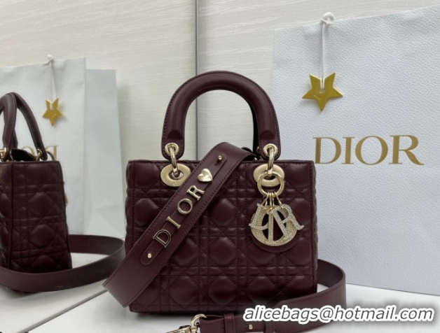 Best Grade Dior Small Lady Dior My ABCDior Bag in Cannage Lambskin Leather with Strass Charm Burgundy 0126055 2026