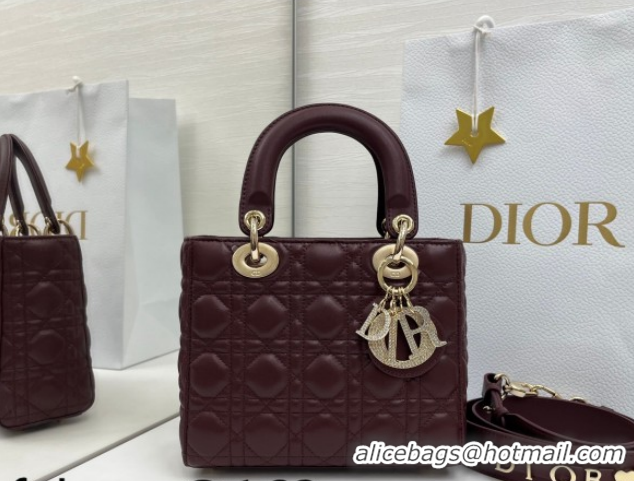 Best Grade Dior Small Lady Dior My ABCDior Bag in Cannage Lambskin Leather with Strass Charm Burgundy 0126055 2026