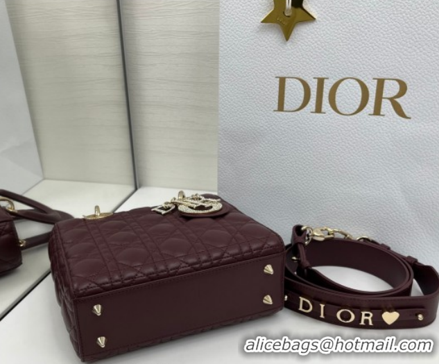 Best Grade Dior Small Lady Dior My ABCDior Bag in Cannage Lambskin Leather with Strass Charm Burgundy 0126055 2026
