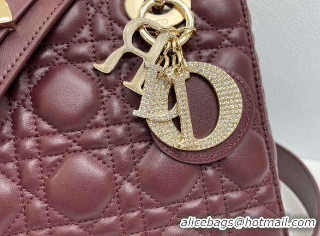Best Grade Dior Small Lady Dior My ABCDior Bag in Cannage Lambskin Leather with Strass Charm Burgundy 0126055 2026