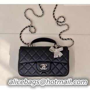 Famous Brand Chanel Lambskin Leather Mini Classic Flap Handbag With Top Handle and Bow Charm AS2431 Black/Silver 2026