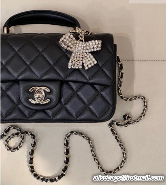 Famous Brand Chanel Lambskin Leather Mini Classic Flap Handbag With Top Handle and Bow Charm AS2431 Black/Silver 2026