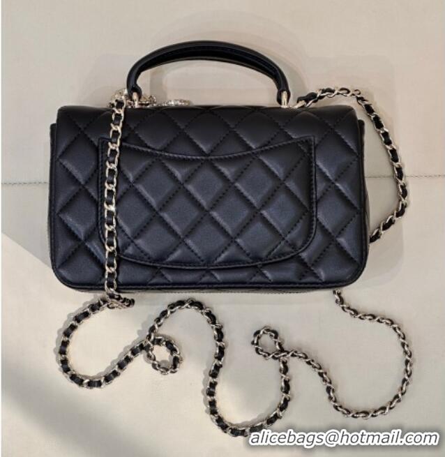 Famous Brand Chanel Lambskin Leather Mini Classic Flap Handbag With Top Handle and Bow Charm AS2431 Black/Silver 2026
