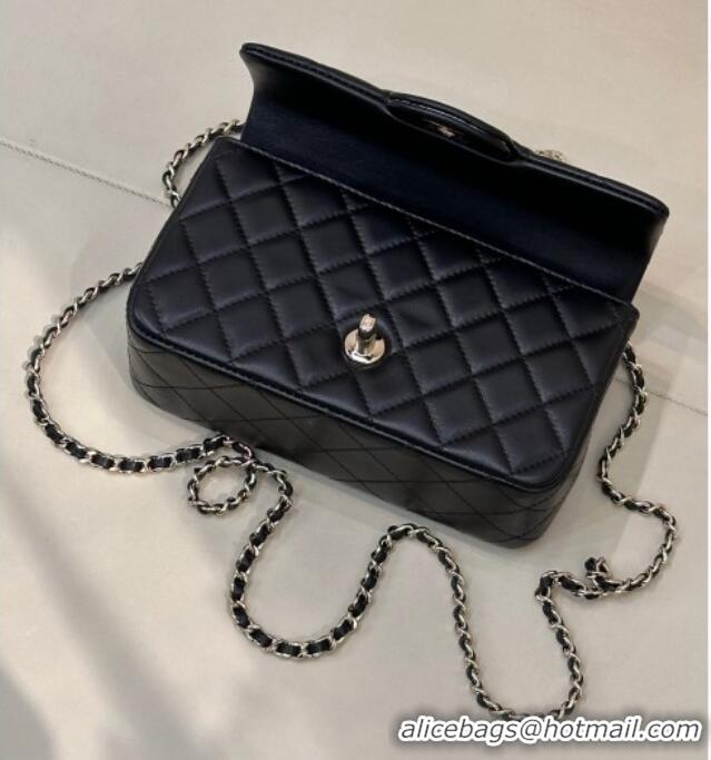 Famous Brand Chanel Lambskin Leather Mini Classic Flap Handbag With Top Handle and Bow Charm AS2431 Black/Silver 2026
