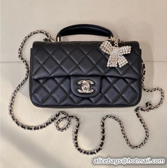 Famous Brand Chanel Lambskin Leather Mini Classic Flap Handbag With Top Handle and Bow Charm AS2431 Black/Silver 2026
