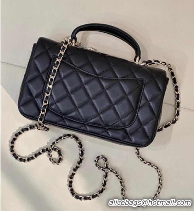 Famous Brand Chanel Lambskin Leather Mini Classic Flap Handbag With Top Handle and Bow Charm AS2431 Black/Silver 2026