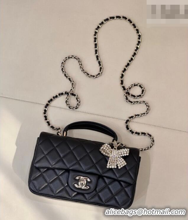 Famous Brand Chanel Lambskin Leather Mini Classic Flap Handbag With Top Handle and Bow Charm AS2431 Black/Silver 2026