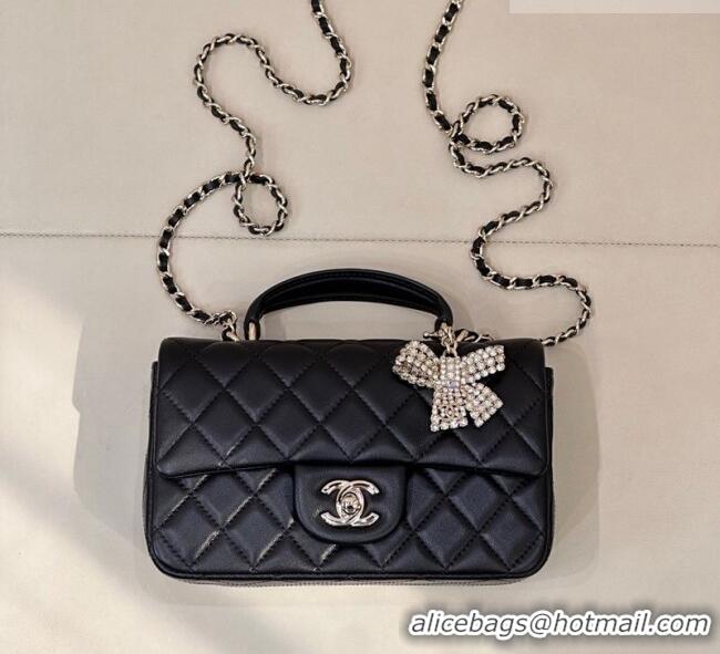 Famous Brand Chanel Lambskin Leather Mini Classic Flap Handbag With Top Handle and Bow Charm AS2431 Black/Silver 2026