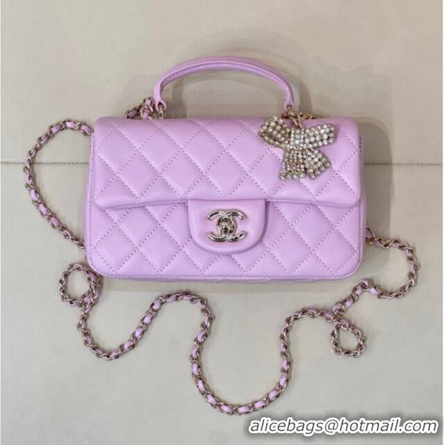 Low Price Chanel Lambskin Leather Mini Classic Flap Handbag With Top Handle and Bow Charm AS2431 Light Purple 2026
