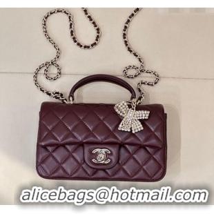 Well Crafted Chanel Lambskin Leather Mini Classic Flap Handbag With Top Handle and Bow Charm AS2431 Dark Burgundy 2026