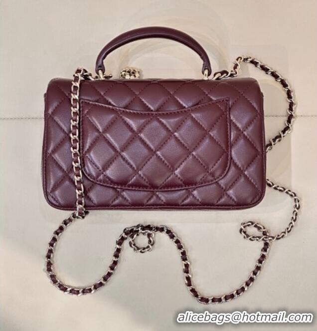 Well Crafted Chanel Lambskin Leather Mini Classic Flap Handbag With Top Handle and Bow Charm AS2431 Dark Burgundy 2026
