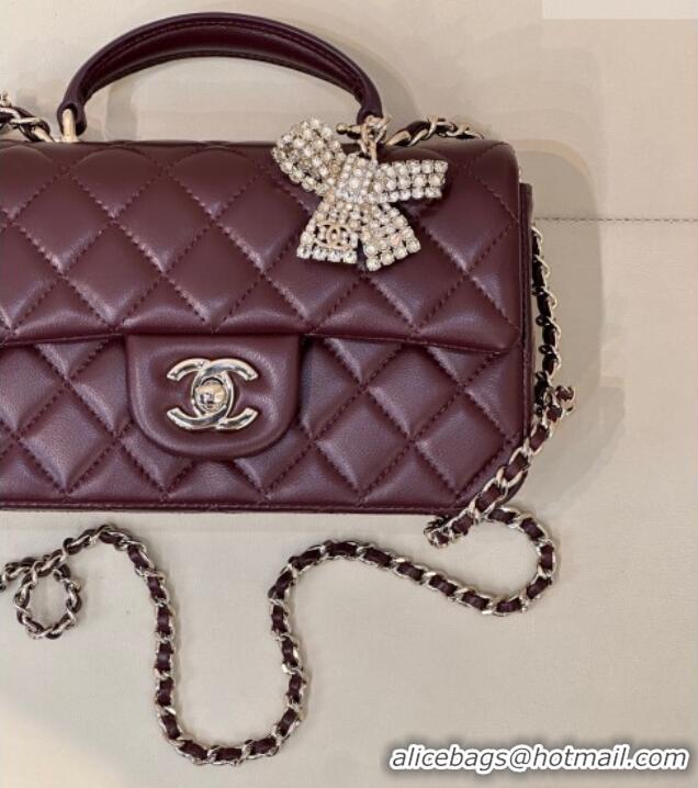 Well Crafted Chanel Lambskin Leather Mini Classic Flap Handbag With Top Handle and Bow Charm AS2431 Dark Burgundy 2026