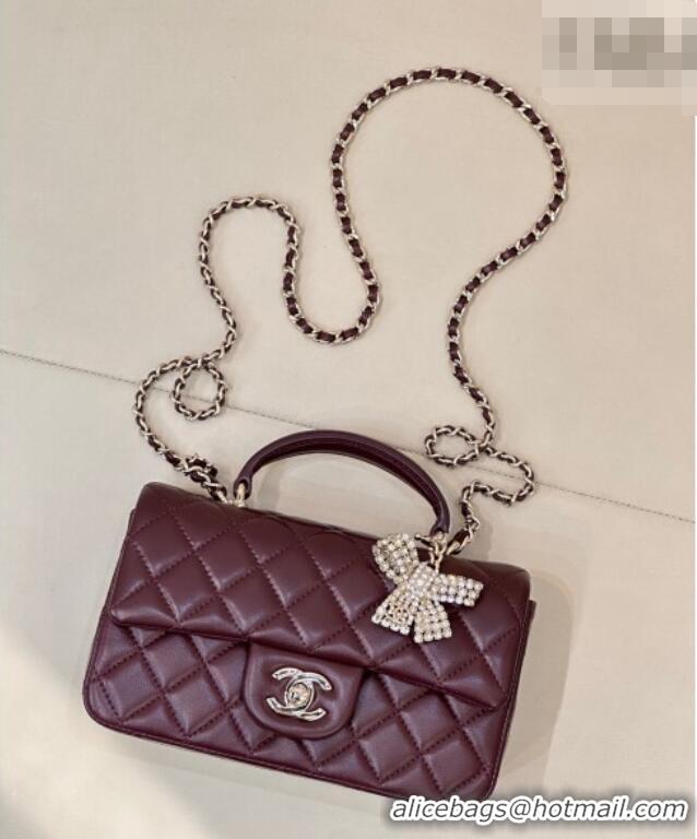 Well Crafted Chanel Lambskin Leather Mini Classic Flap Handbag With Top Handle and Bow Charm AS2431 Dark Burgundy 2026