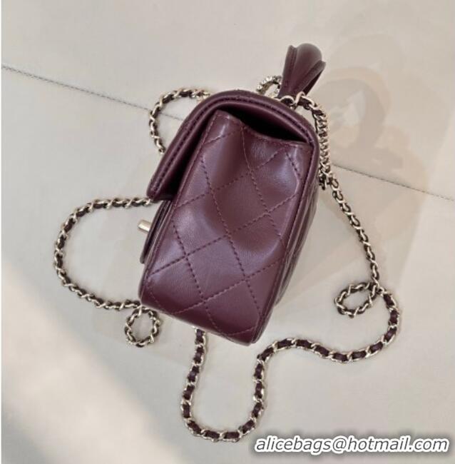 Well Crafted Chanel Lambskin Leather Mini Classic Flap Handbag With Top Handle and Bow Charm AS2431 Dark Burgundy 2026