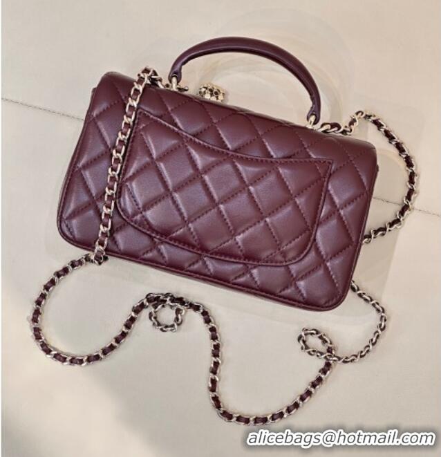 Well Crafted Chanel Lambskin Leather Mini Classic Flap Handbag With Top Handle and Bow Charm AS2431 Dark Burgundy 2026