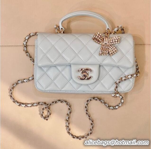 New Design Chanel Lambskin Leather Mini Classic Flap Handbag With Top Handle and Bow Charm AS2431 Light Blue 2026