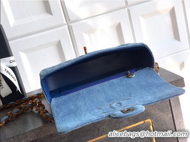 Famous Brand Chanel Quilted Denim & Turtoise-Shell Effect Small Classic Flap Bag A01113 Light Blue 2026