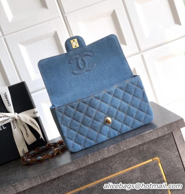 Famous Brand Chanel Quilted Denim & Turtoise-Shell Effect Small Classic Flap Bag A01113 Light Blue 2026