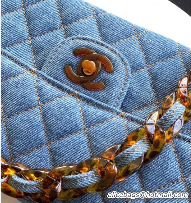 Famous Brand Chanel Quilted Denim & Turtoise-Shell Effect Small Classic Flap Bag A01113 Light Blue 2026