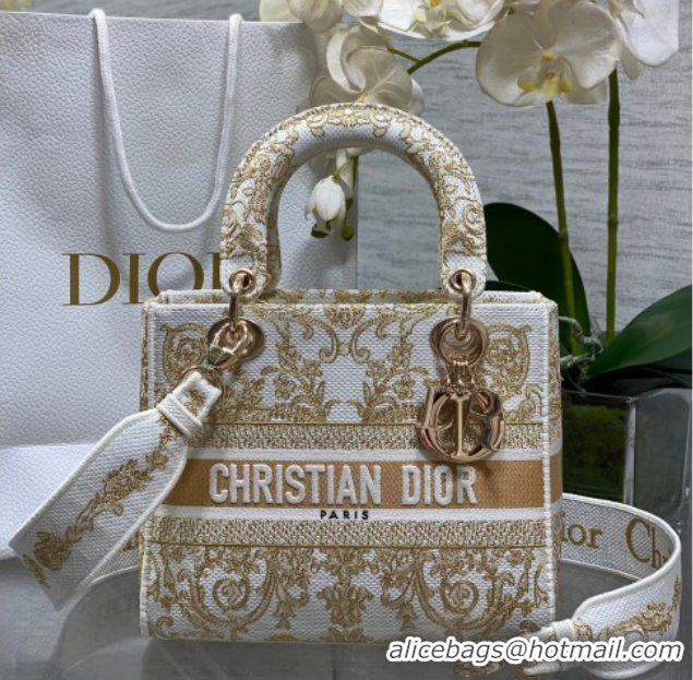 Unique Style Dior Medium Lady D-Lite Bag in Latte White and Gold-Tone Dioresque Butterfly Cornely Embroidery 0126062 202